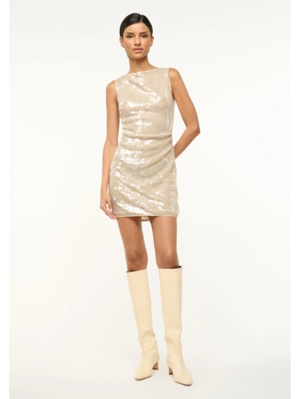 STAUD Champagne Sequin Mini Dress in Pale Gold